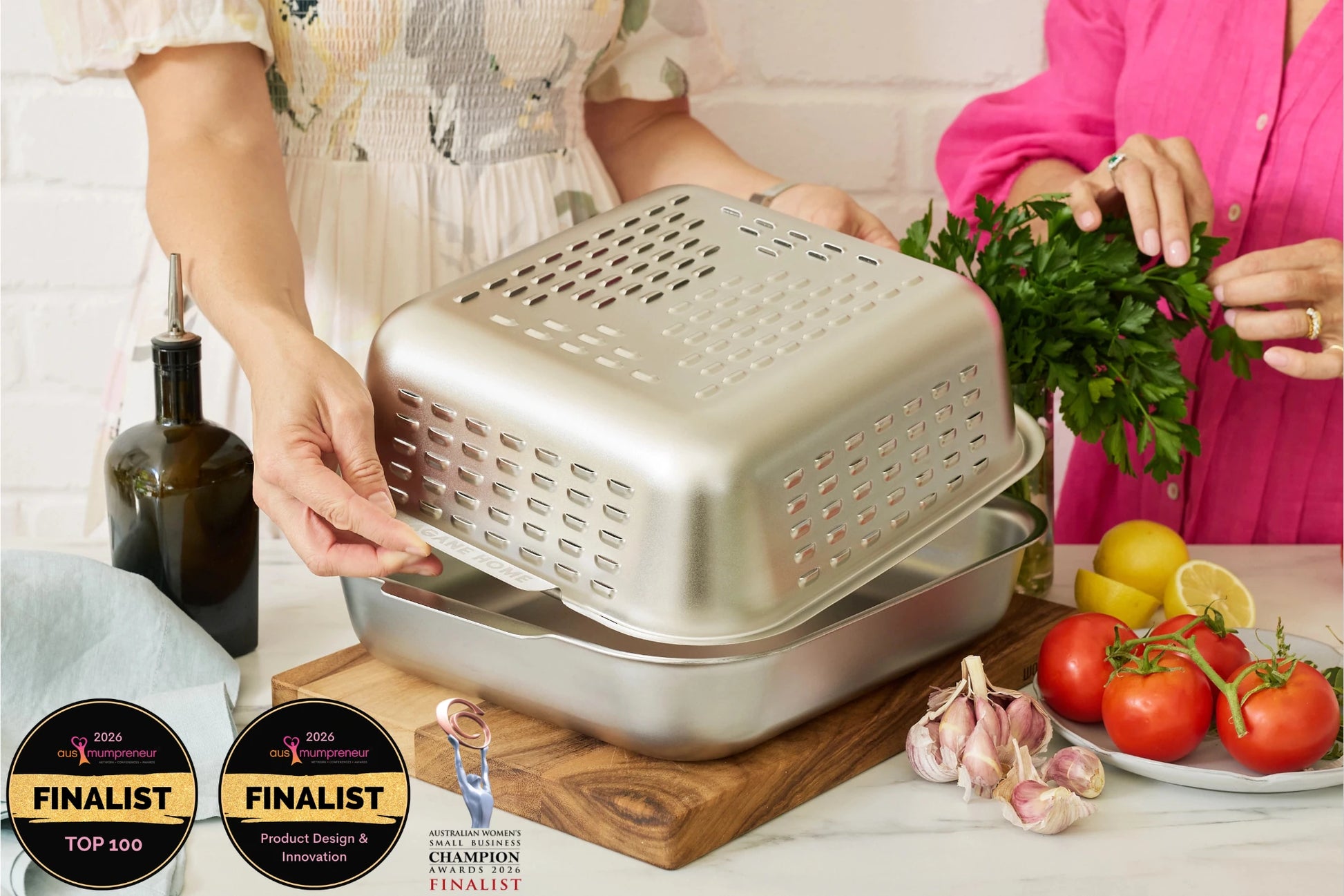 World-first stainless steel roasting pan with a vented spatter guard lid. Finalist in two national awards. Product Design and Innovation category. Keeps your oven clean while you cook a crisp roast. Save yourself hours of oven scrubbing.