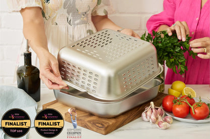 World-first stainless steel roasting pan with a vented spatter guard lid. Finalist in two national awards. Product Design and Innovation category. Keeps your oven clean while you cook a crisp roast. Save yourself hours of oven scrubbing.