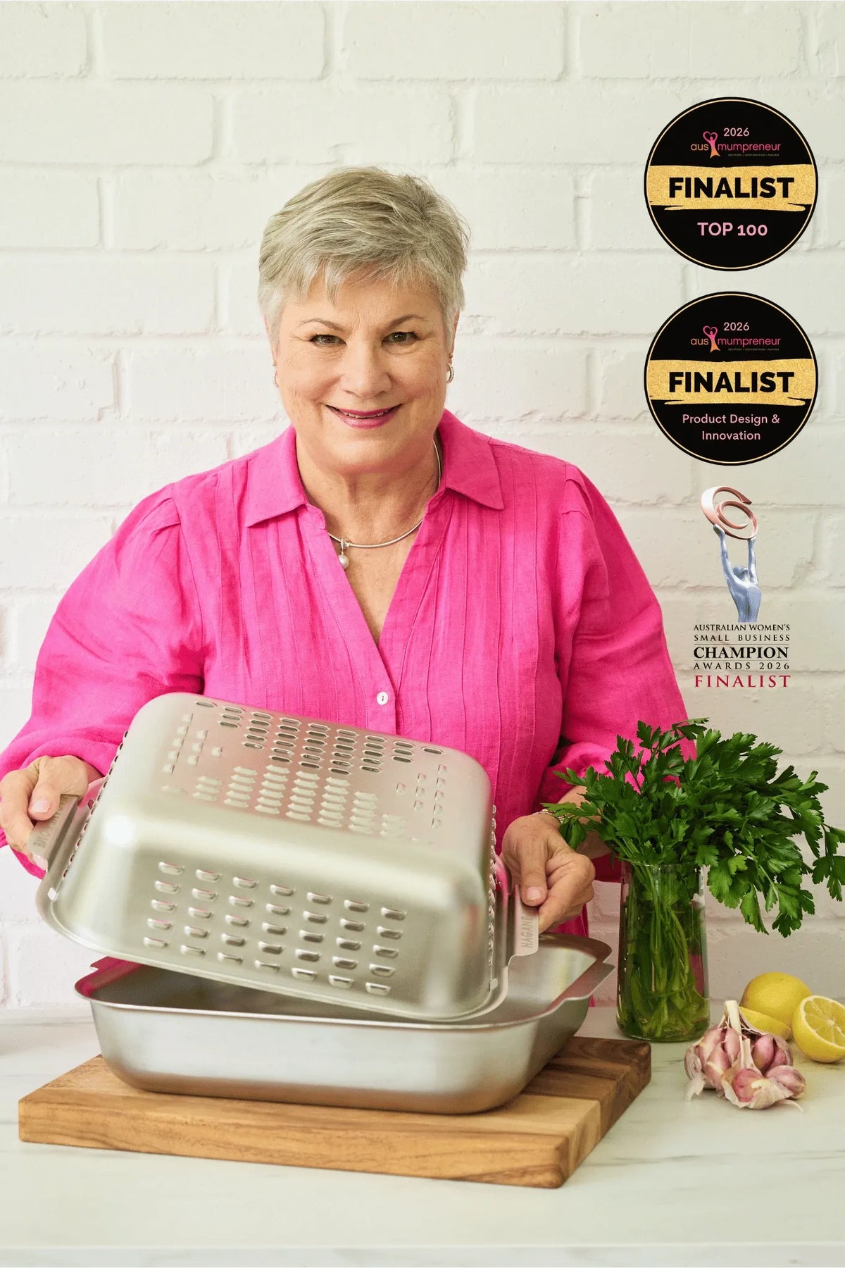 Louise is the founder of the stainless steel roasting pan with a world-first vented spatter guard cover. Cook a golden, juicy roast and keep the oven clean.