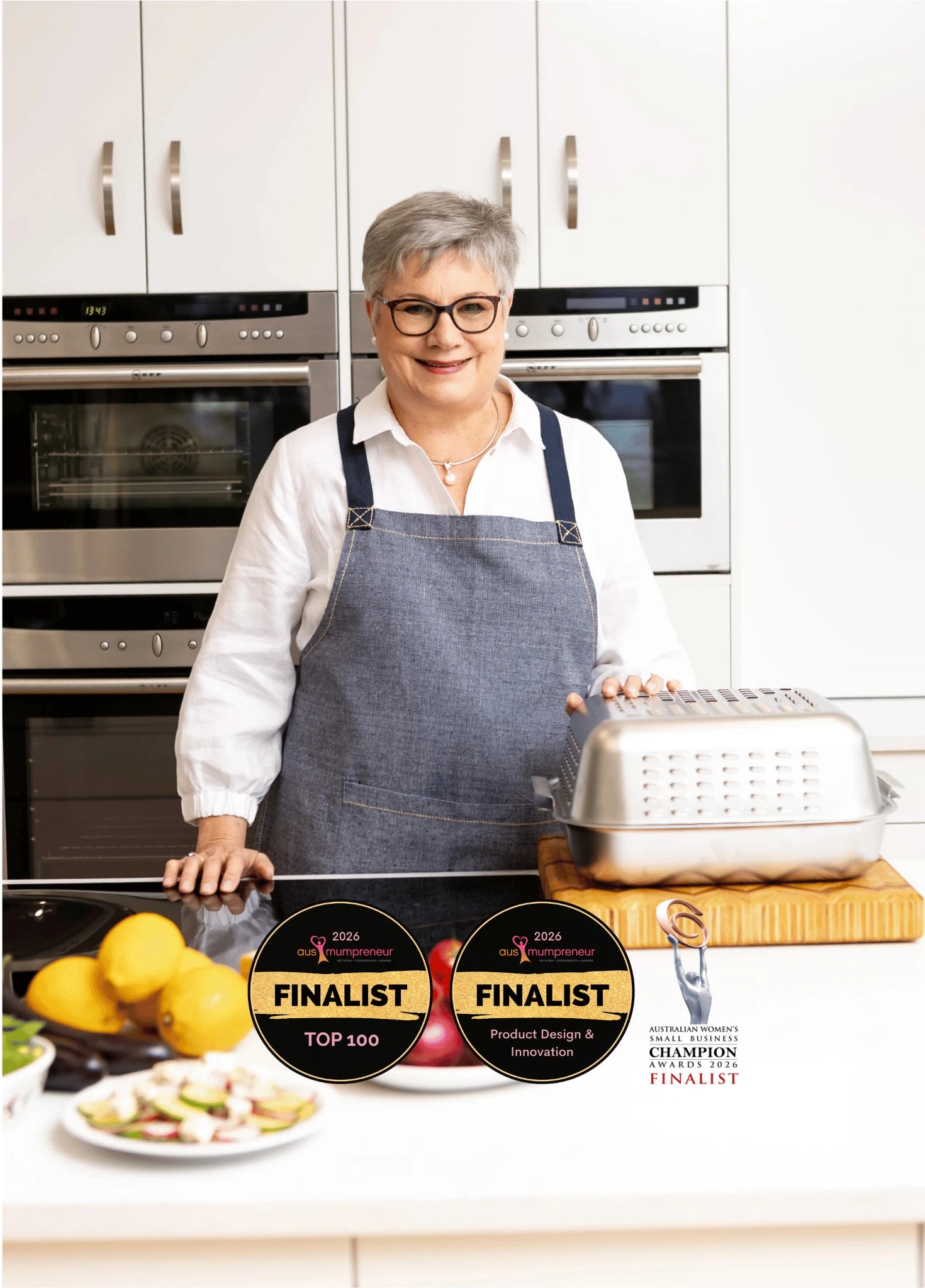 Louise Barrett invented the Hagane Home Ultimate Roaster, now a finalist in the Product Design and Innovation category of a national awards. World-first stainless steel roasting pan with vented spatter guard lid that keeps oven clean and cooks crisp roast.