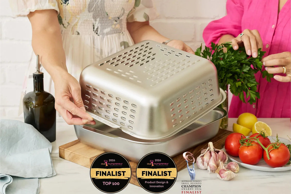 Hagane Home Ultimate Roaster a finalist in two national awards. Innovative vented splatter guard lid that removes oven mess when roasting. A clean oven after roast night.