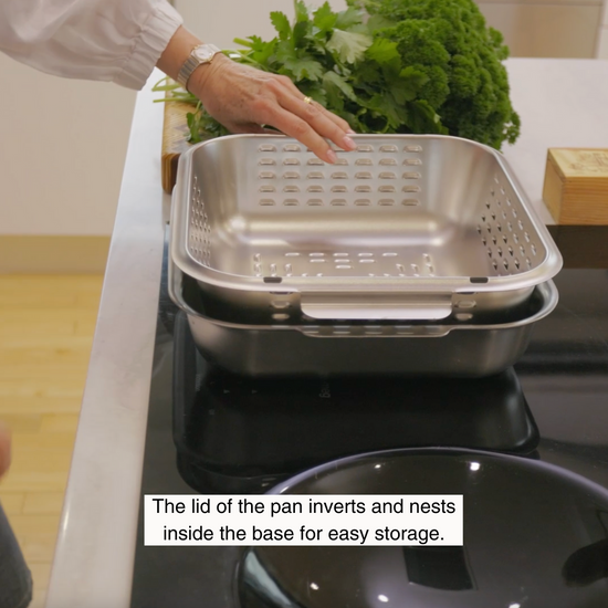Thoughtfully designed, the cover of the Hagane Home Ultimate Roaster inverts and fits neatly inside the base for easy storage. 
