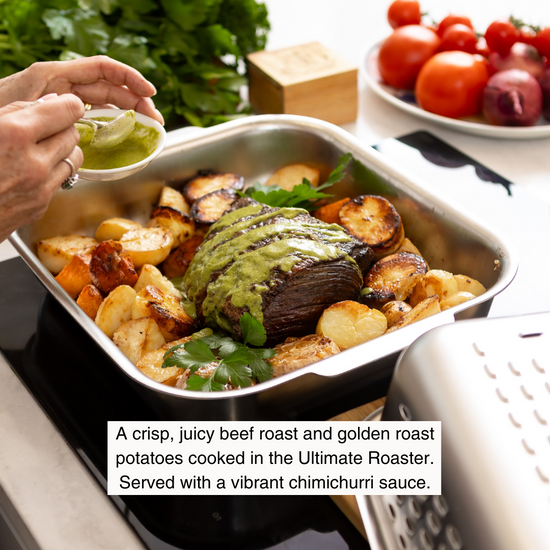 Revealing a perfectly cooked beef roast. Crisp, juicy, delicious. A roast dinner made in the Hagane Home Ultimate Roaster. Roast night is back!