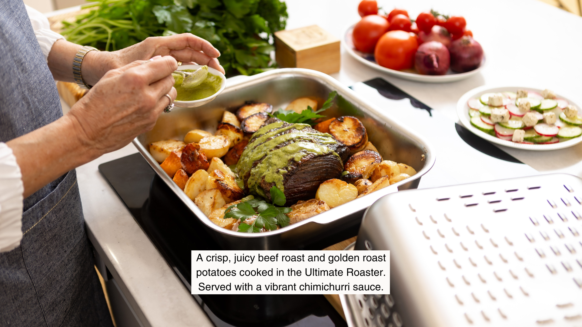 Revealing a perfectly cooked beef roast. Crisp, juicy, delicious. A roast dinner made in the Hagane Home Ultimate Roaster. Roast night is back!