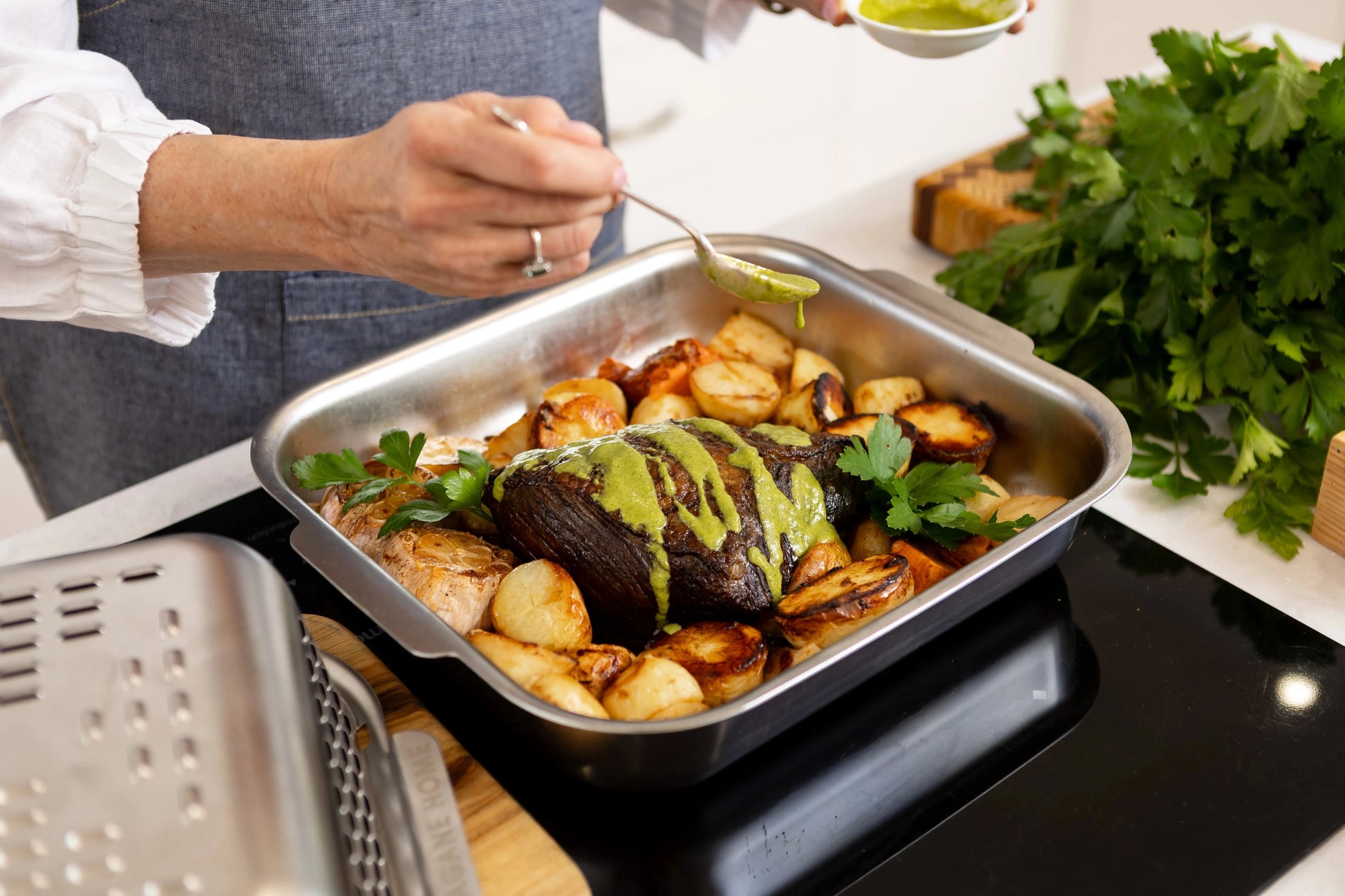 Beef roast for dinner? Cooked to perfection in the Hagane Home Ultimate Roaster. A premium triply stainless steel roasting pan complete with vented spatter guard cover to keep the fat spatters in, let the steam out, and cook a crisp roast.